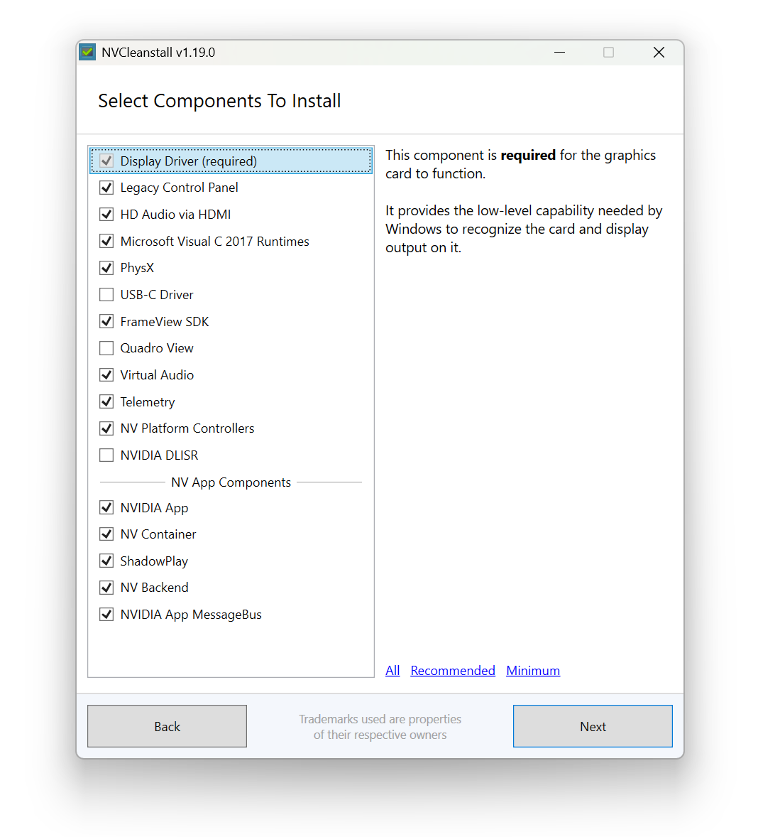 NVCleanstall Feature Selection
