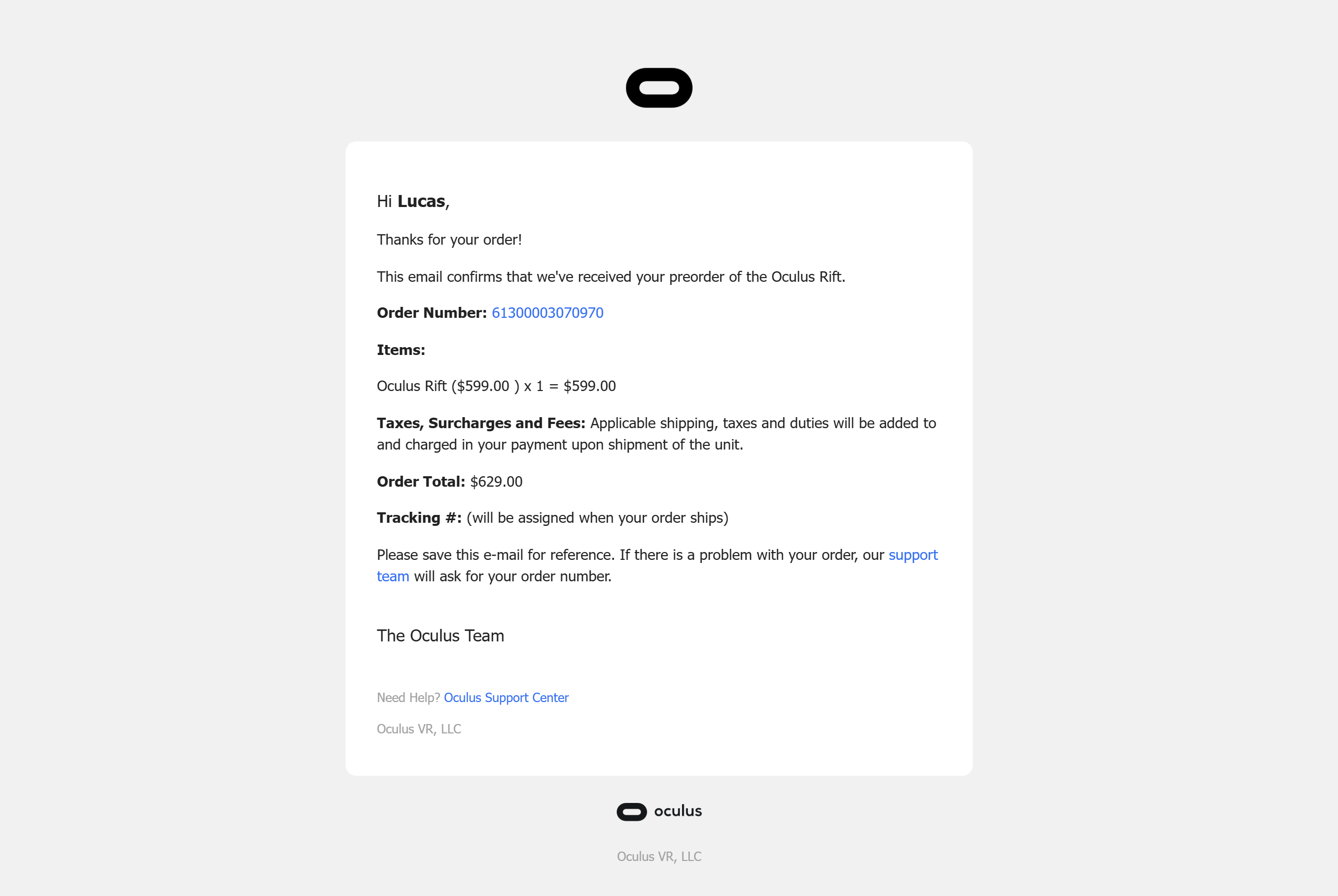 Oculus Rift Preorder Receipt